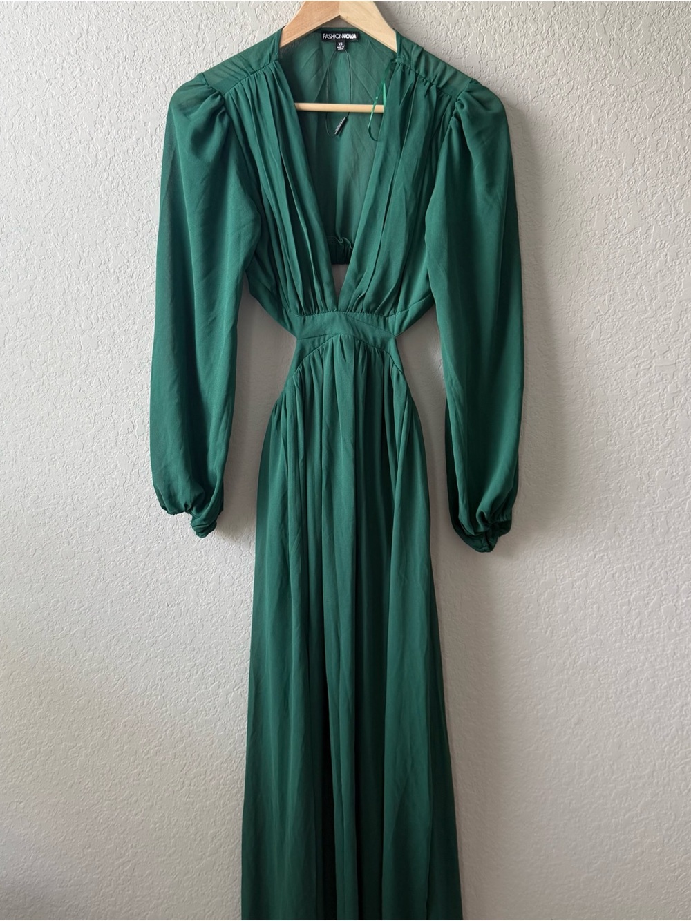 Fashion Nova Emerald Green Long Sleeve Cutout Maxi Dress